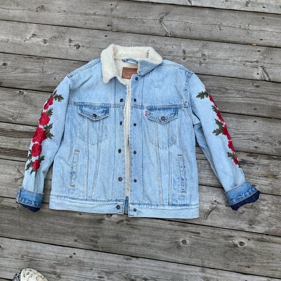 Sherpa Lined Levis Denim Rose Jean Jacket Large - Picture 5 of 11